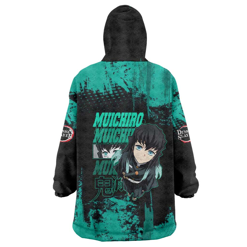 Muichiro Tokito Demon Slayer Green and Black Grunge Style Wearable Blanket Hoodie with Mist Hashira Eyes and Bold Typography - The Mazicc