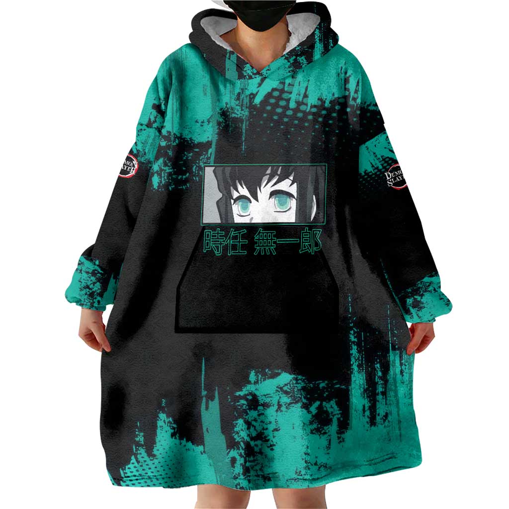 Muichiro Tokito Demon Slayer Green and Black Grunge Style Wearable Blanket Hoodie with Mist Hashira Eyes and Bold Typography - The Mazicc
