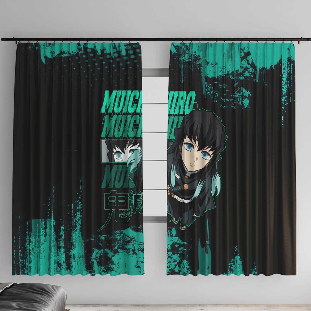 Muichiro Tokito Demon Slayer Green and Black Grunge Style Window Curtain with Mist Hashira Eyes and Bold Typography - The Mazicc