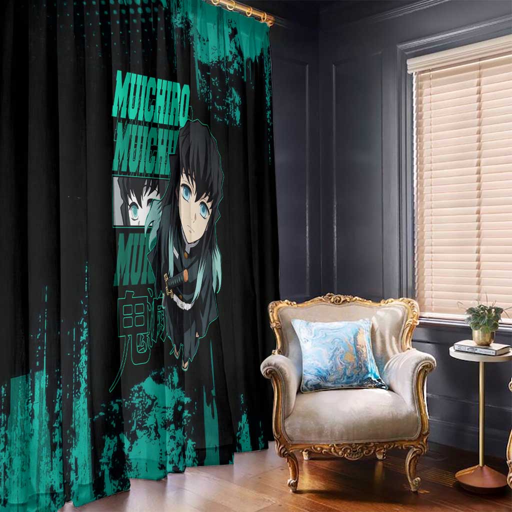 Muichiro Tokito Demon Slayer Green and Black Grunge Style Window Curtain with Mist Hashira Eyes and Bold Typography - The Mazicc