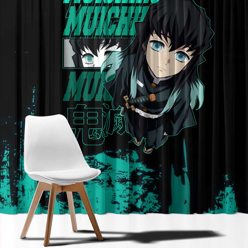 Muichiro Tokito Demon Slayer Green and Black Grunge Style Window Curtain with Mist Hashira Eyes and Bold Typography - The Mazicc