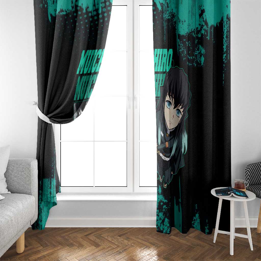 Muichiro Tokito Demon Slayer Green and Black Grunge Style Window Curtain with Mist Hashira Eyes and Bold Typography - The Mazicc