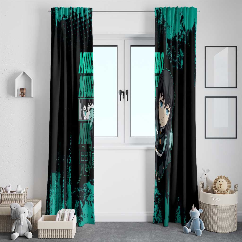 Muichiro Tokito Demon Slayer Green and Black Grunge Style Window Curtain with Mist Hashira Eyes and Bold Typography - The Mazicc
