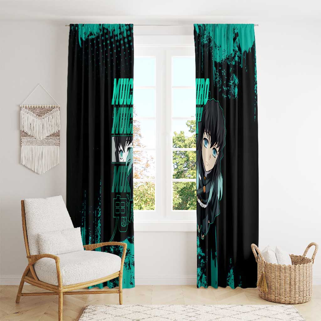 Muichiro Tokito Demon Slayer Green and Black Grunge Style Window Curtain with Mist Hashira Eyes and Bold Typography - The Mazicc