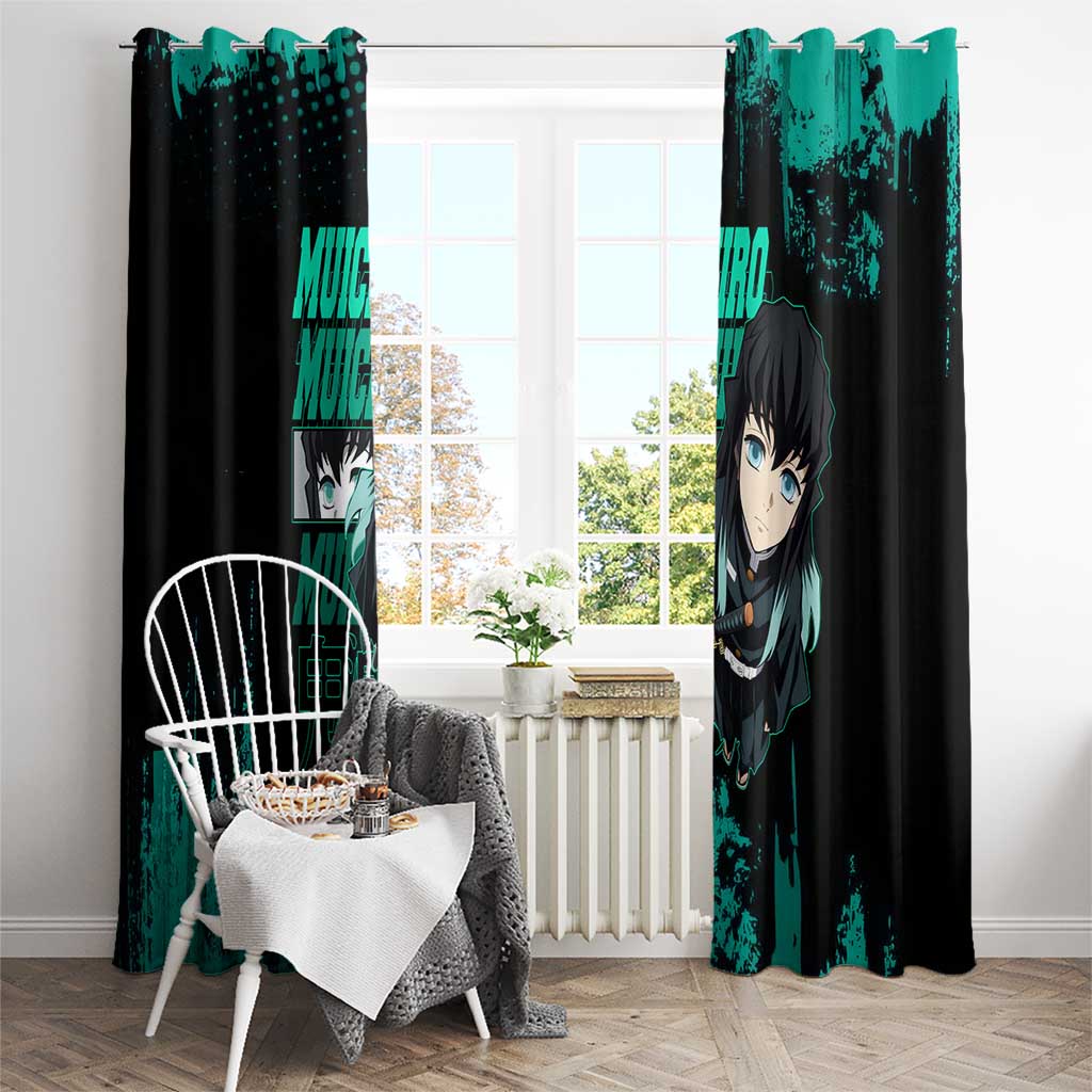 Muichiro Tokito Demon Slayer Green and Black Grunge Style Window Curtain with Mist Hashira Eyes and Bold Typography - The Mazicc