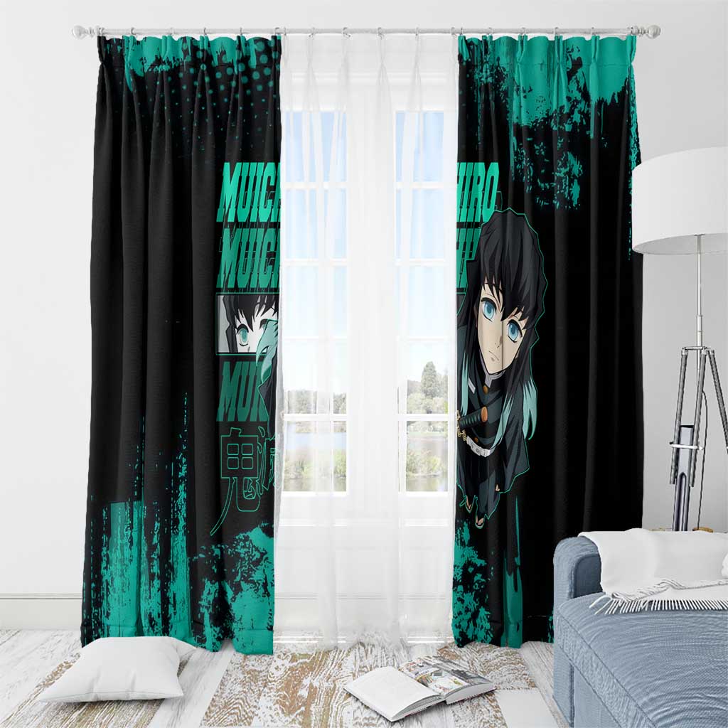 Muichiro Tokito Demon Slayer Green and Black Grunge Style Window Curtain with Mist Hashira Eyes and Bold Typography - The Mazicc