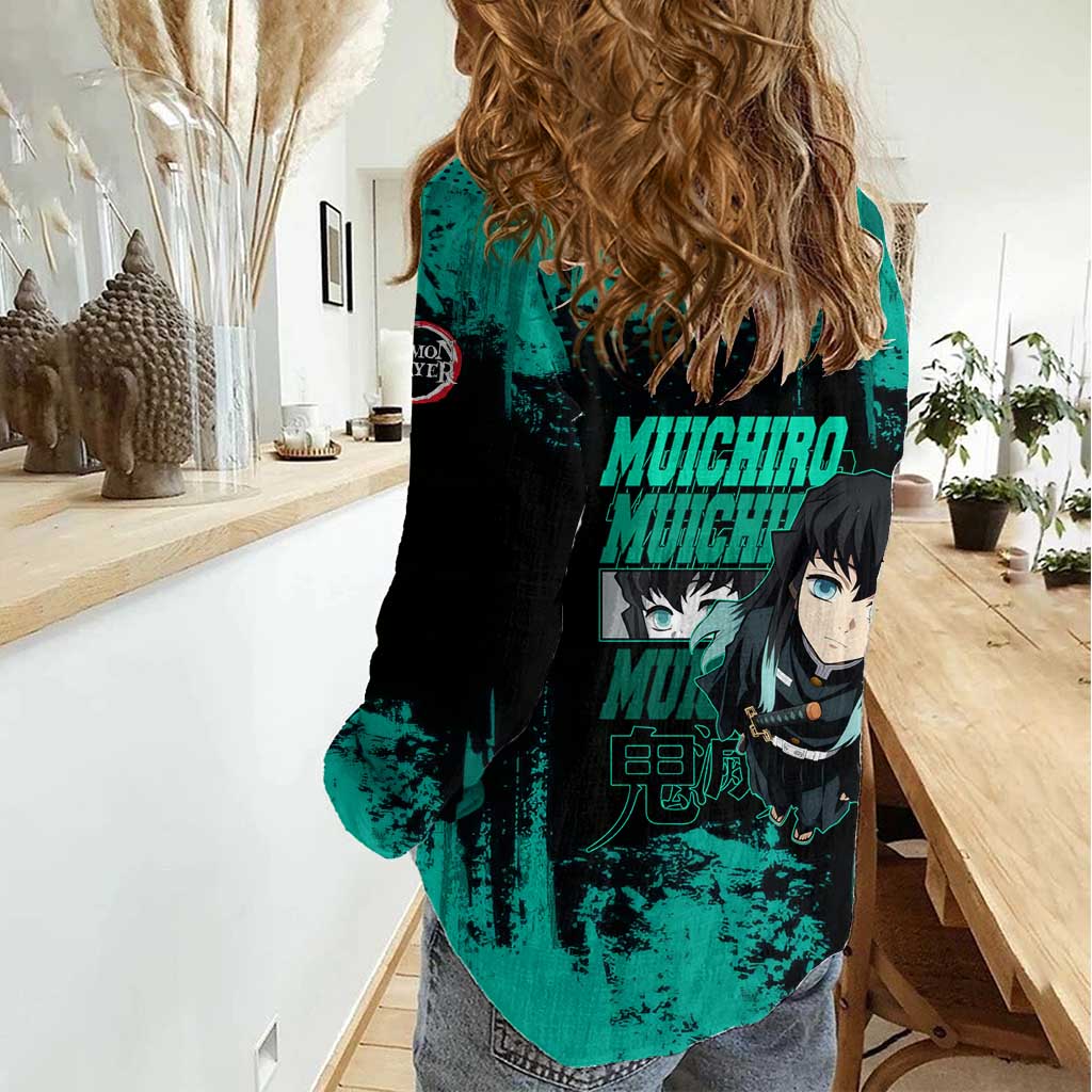 Muichiro Tokito Demon Slayer Green and Black Grunge Style Women Casual Shirt with Mist Hashira Eyes and Bold Typography - The Mazicc