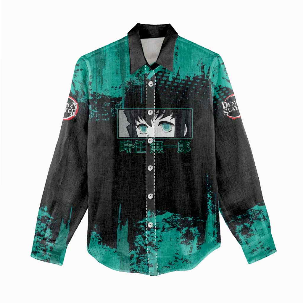 Muichiro Tokito Demon Slayer Green and Black Grunge Style Women Casual Shirt with Mist Hashira Eyes and Bold Typography - The Mazicc