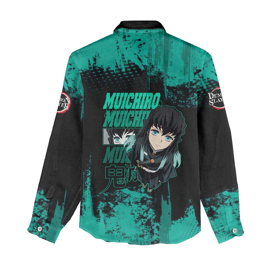 Muichiro Tokito Demon Slayer Green and Black Grunge Style Women Casual Shirt with Mist Hashira Eyes and Bold Typography - The Mazicc