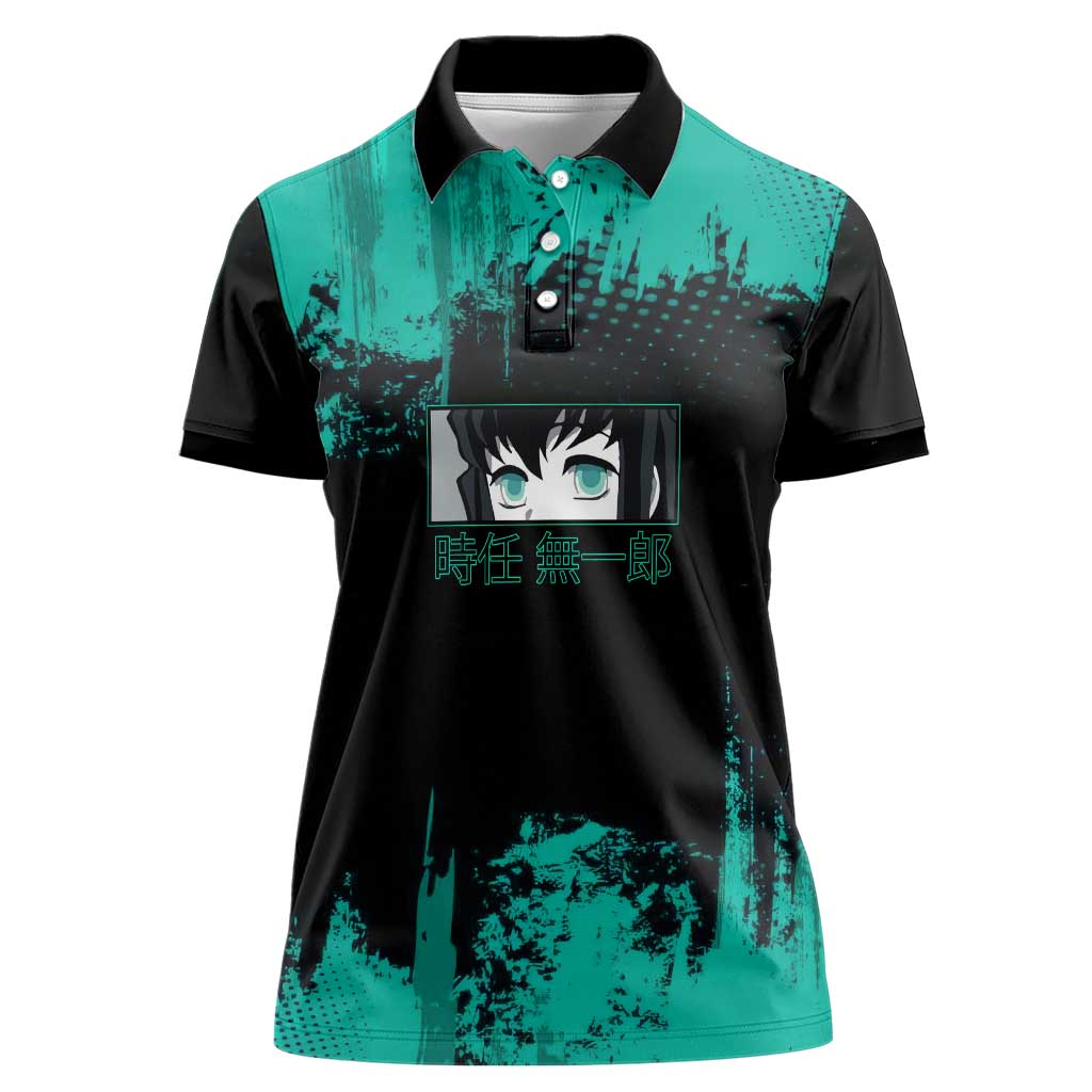 Muichiro Tokito Demon Slayer Green and Black Grunge Style Women Polo Shirt with Mist Hashira Eyes and Bold Typography - The Mazicc