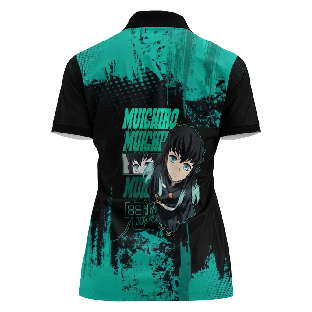 Muichiro Tokito Demon Slayer Green and Black Grunge Style Women Polo Shirt with Mist Hashira Eyes and Bold Typography - The Mazicc