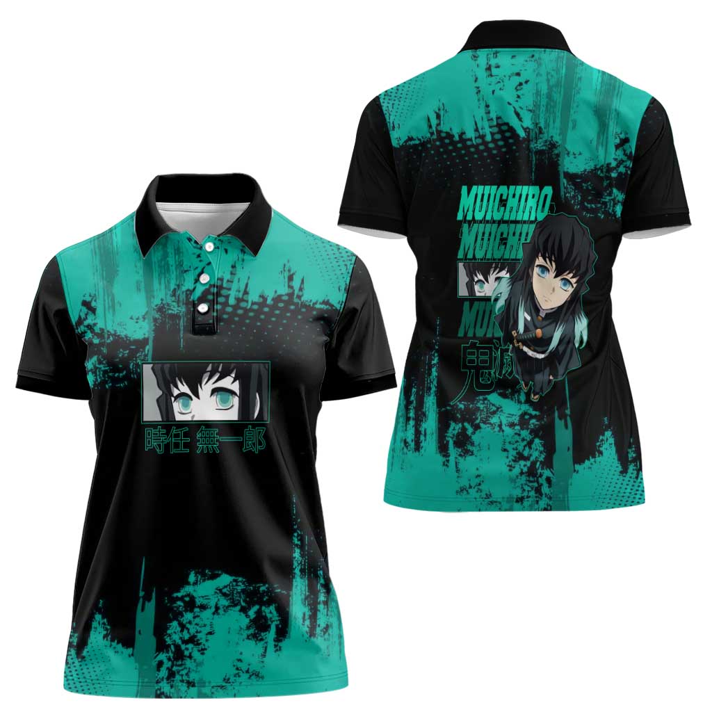 Muichiro Tokito Demon Slayer Green and Black Grunge Style Women Polo Shirt with Mist Hashira Eyes and Bold Typography - The Mazicc