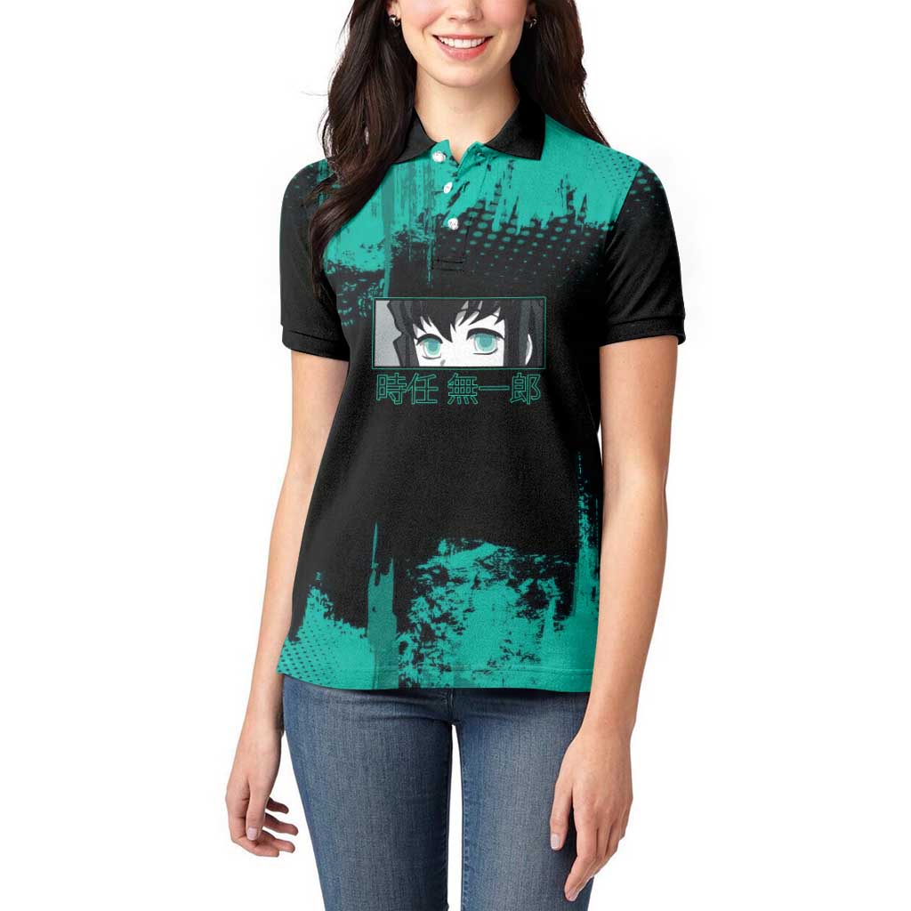 Muichiro Tokito Demon Slayer Green and Black Grunge Style Women Polo Shirt with Mist Hashira Eyes and Bold Typography - The Mazicc