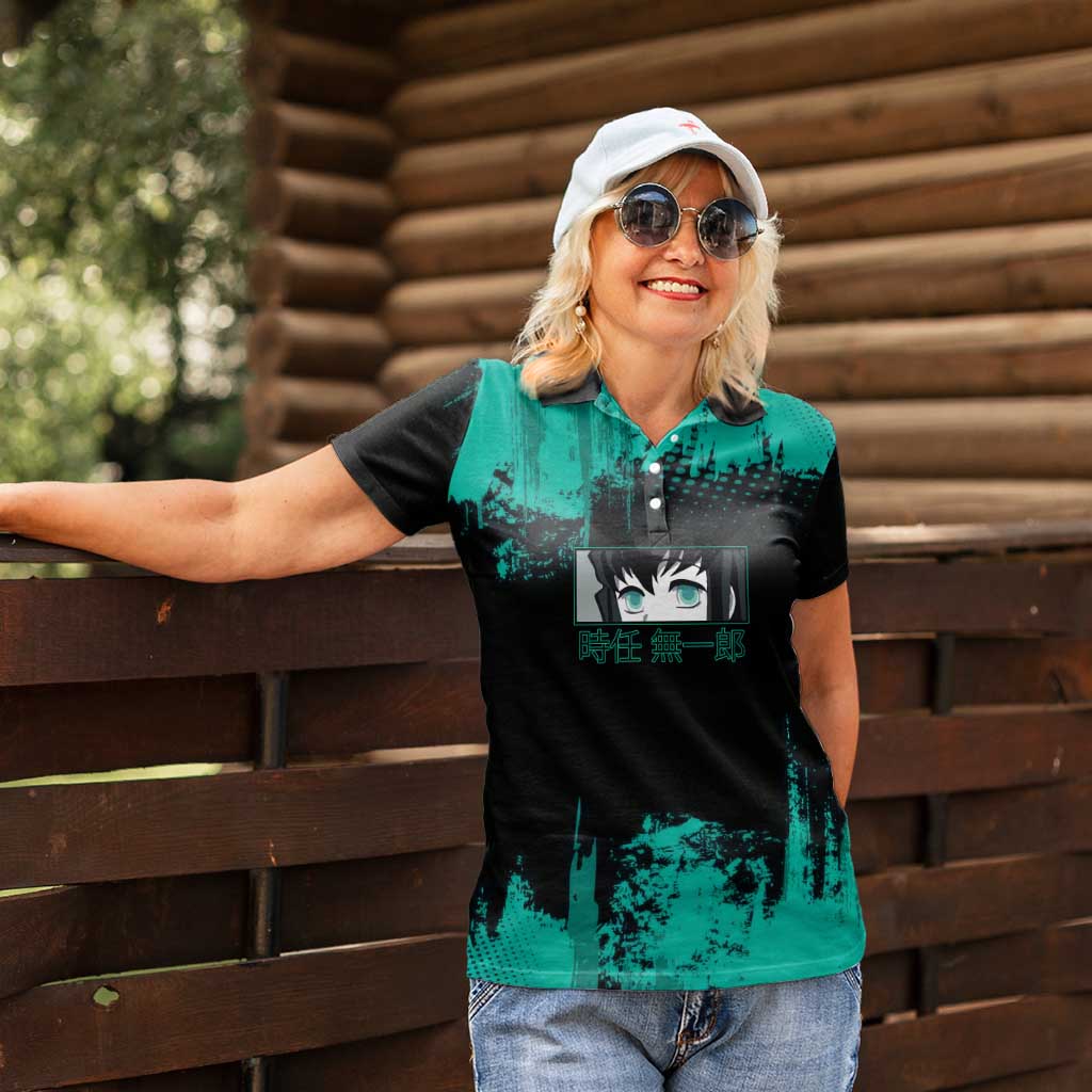 Muichiro Tokito Demon Slayer Green and Black Grunge Style Women Polo Shirt with Mist Hashira Eyes and Bold Typography - The Mazicc