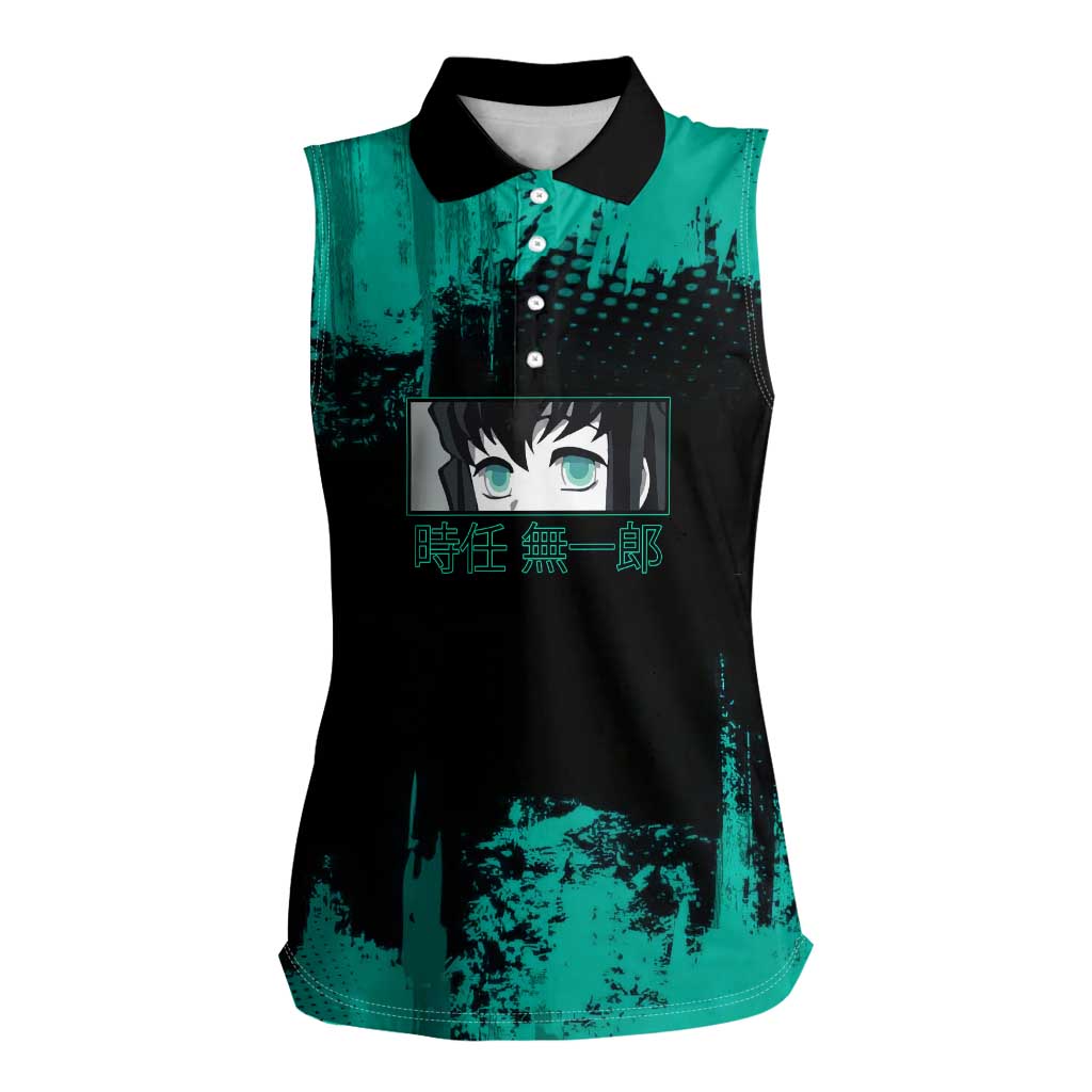 Muichiro Tokito Demon Slayer Green and Black Grunge Style Women Sleeveless Polo Shirt with Mist Hashira Eyes and Bold Typography - The Mazicc