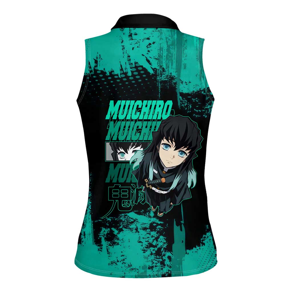 Muichiro Tokito Demon Slayer Green and Black Grunge Style Women Sleeveless Polo Shirt with Mist Hashira Eyes and Bold Typography - The Mazicc