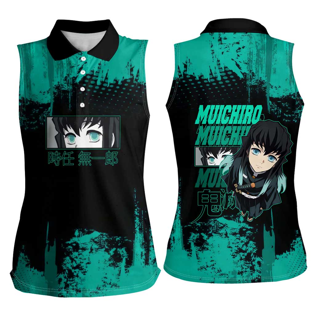Muichiro Tokito Demon Slayer Green and Black Grunge Style Women Sleeveless Polo Shirt with Mist Hashira Eyes and Bold Typography - The Mazicc