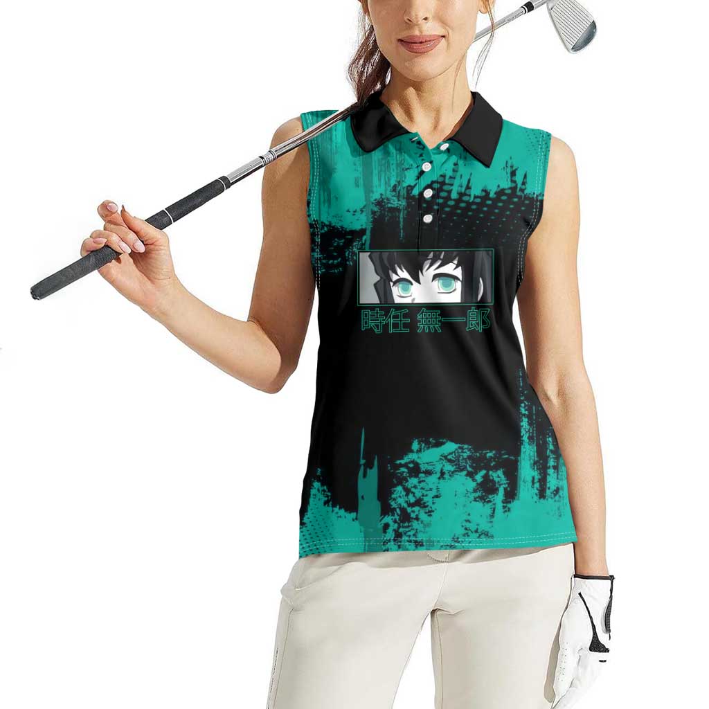 Muichiro Tokito Demon Slayer Green and Black Grunge Style Women Sleeveless Polo Shirt with Mist Hashira Eyes and Bold Typography - The Mazicc