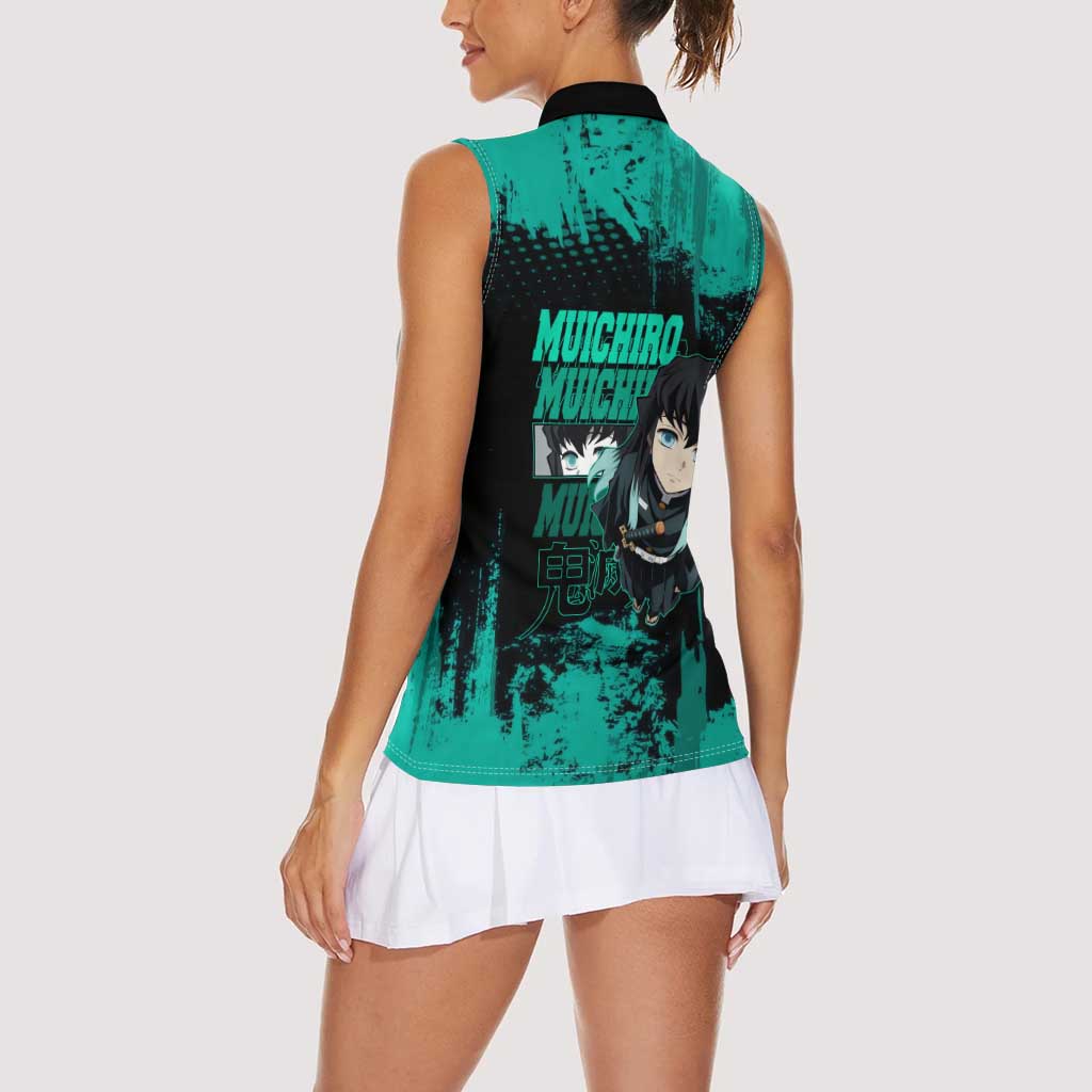 Muichiro Tokito Demon Slayer Green and Black Grunge Style Women Sleeveless Polo Shirt with Mist Hashira Eyes and Bold Typography - The Mazicc