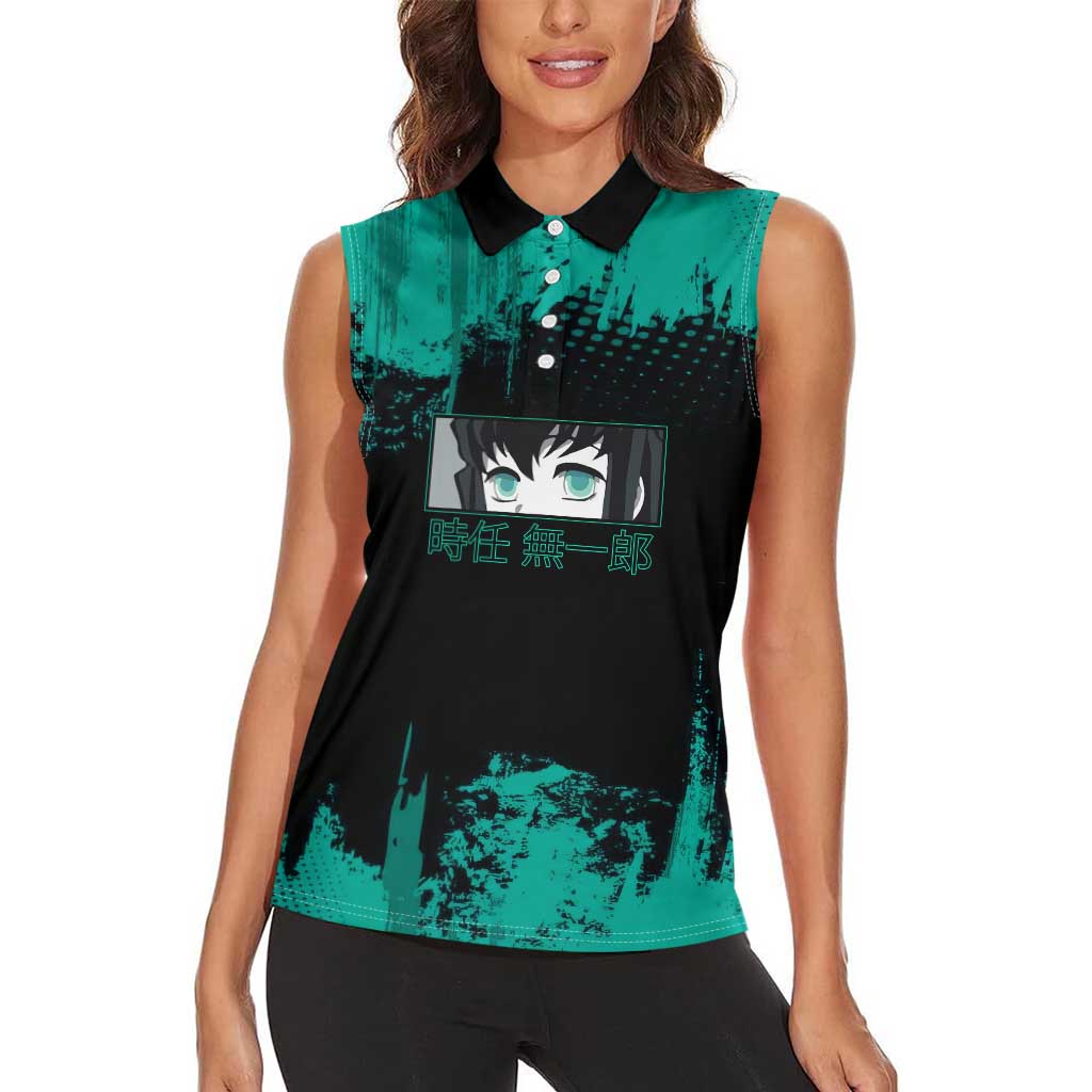Muichiro Tokito Demon Slayer Green and Black Grunge Style Women Sleeveless Polo Shirt with Mist Hashira Eyes and Bold Typography - The Mazicc