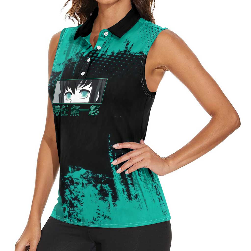 Muichiro Tokito Demon Slayer Green and Black Grunge Style Women Sleeveless Polo Shirt with Mist Hashira Eyes and Bold Typography - The Mazicc