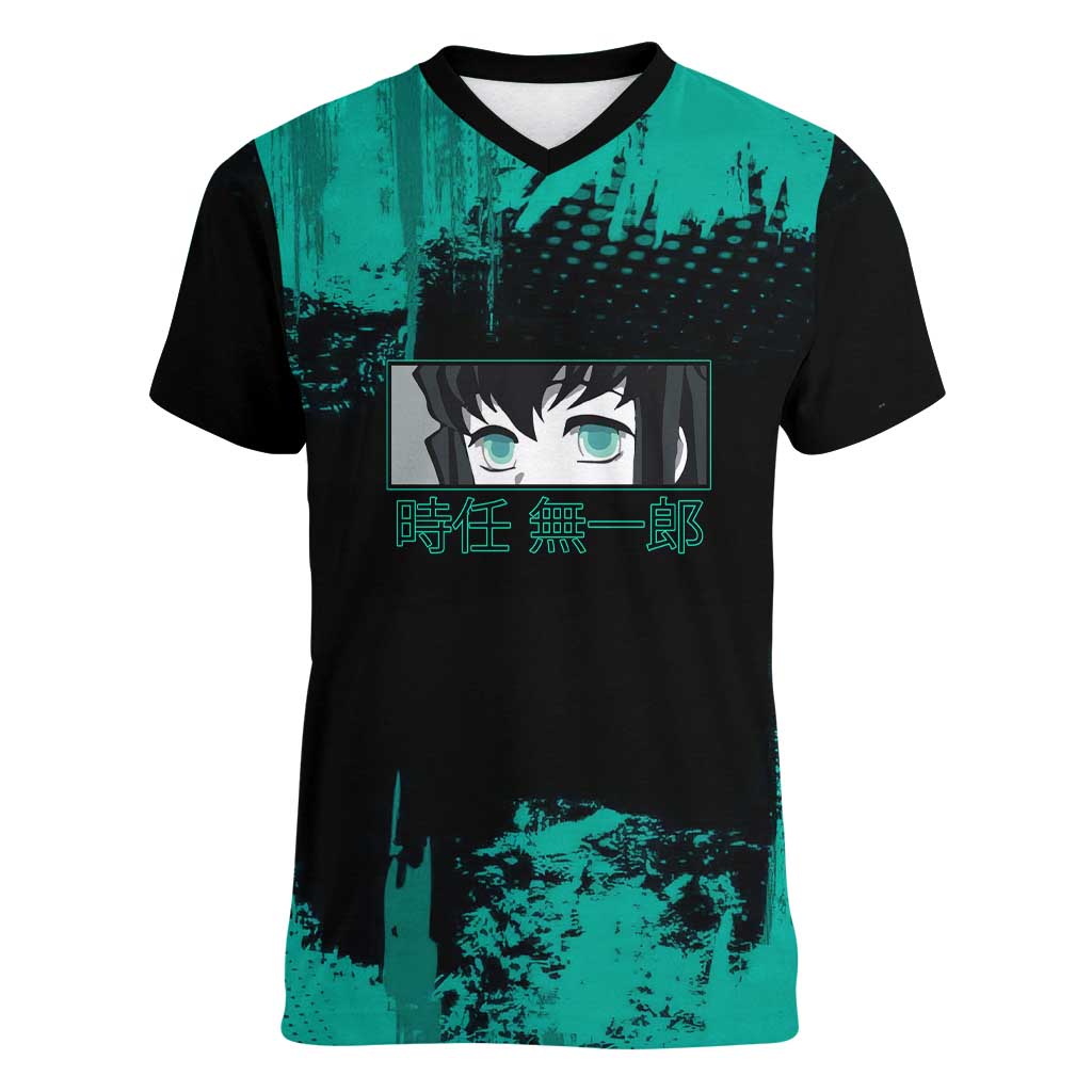 Muichiro Tokito Demon Slayer Green and Black Grunge Style Women V-Neck T-Shirt with Mist Hashira Eyes and Bold Typography - The Mazicc