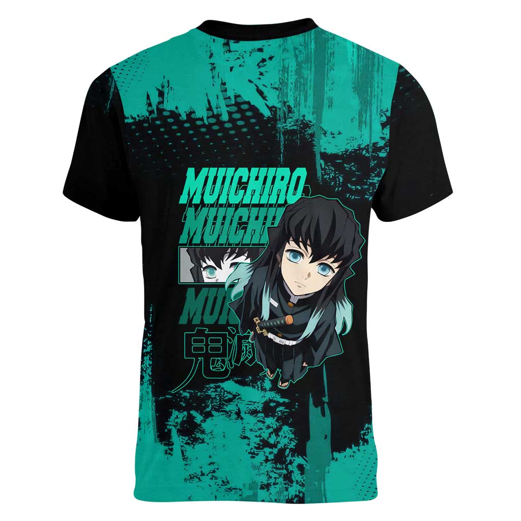 Muichiro Tokito Demon Slayer Green and Black Grunge Style Women V-Neck T-Shirt with Mist Hashira Eyes and Bold Typography - The Mazicc