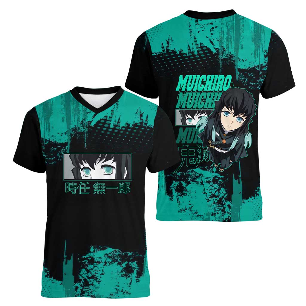 Muichiro Tokito Demon Slayer Green and Black Grunge Style Women V-Neck T-Shirt with Mist Hashira Eyes and Bold Typography - The Mazicc