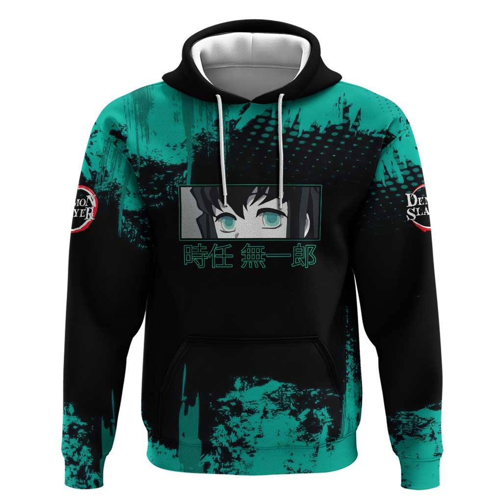Muichiro Tokito Demon Slayer Green and Black Grunge Style Zip Hoodie with Mist Hashira Eyes and Bold Typography - The Mazicc