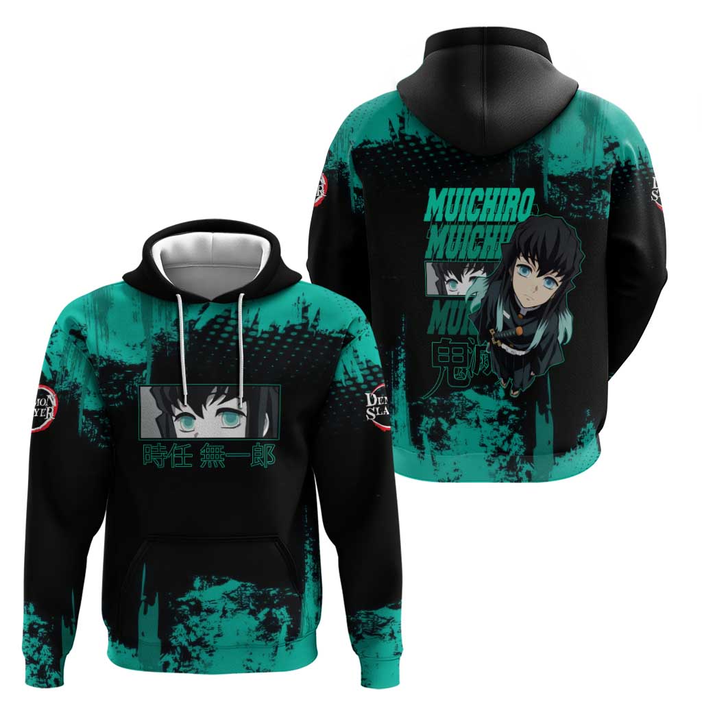 Muichiro Tokito Demon Slayer Green and Black Grunge Style Zip Hoodie with Mist Hashira Eyes and Bold Typography - The Mazicc