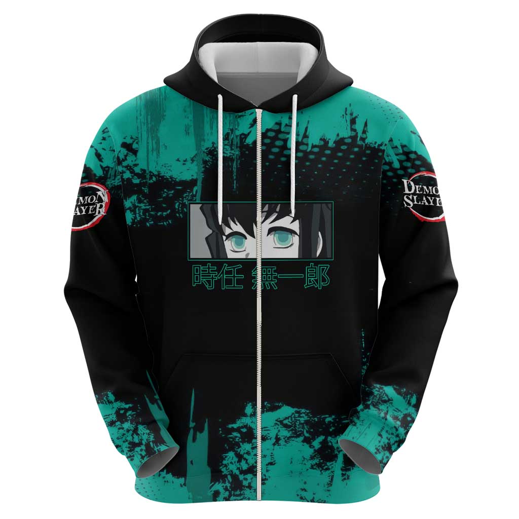 Muichiro Tokito Demon Slayer Green and Black Grunge Style Zip Hoodie with Mist Hashira Eyes and Bold Typography - The Mazicc