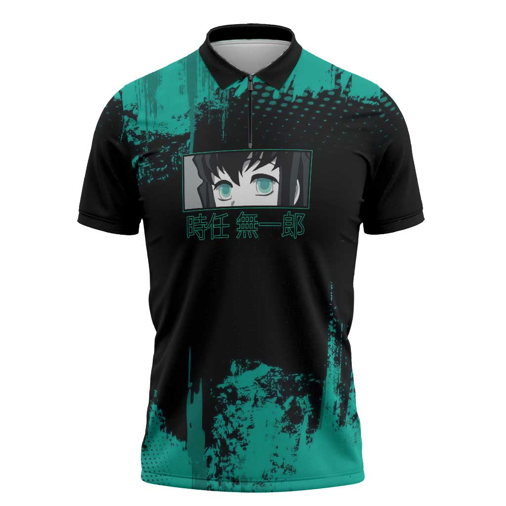 Muichiro Tokito Demon Slayer Green and Black Grunge Style Zipper Polo Shirt with Mist Hashira Eyes and Bold Typography - The Mazicc