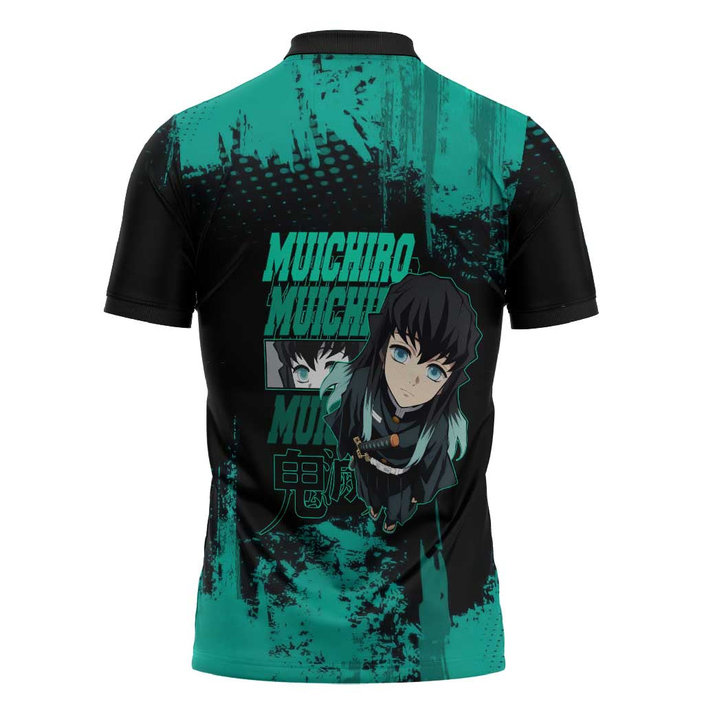 Muichiro Tokito Demon Slayer Green and Black Grunge Style Zipper Polo Shirt with Mist Hashira Eyes and Bold Typography - The Mazicc