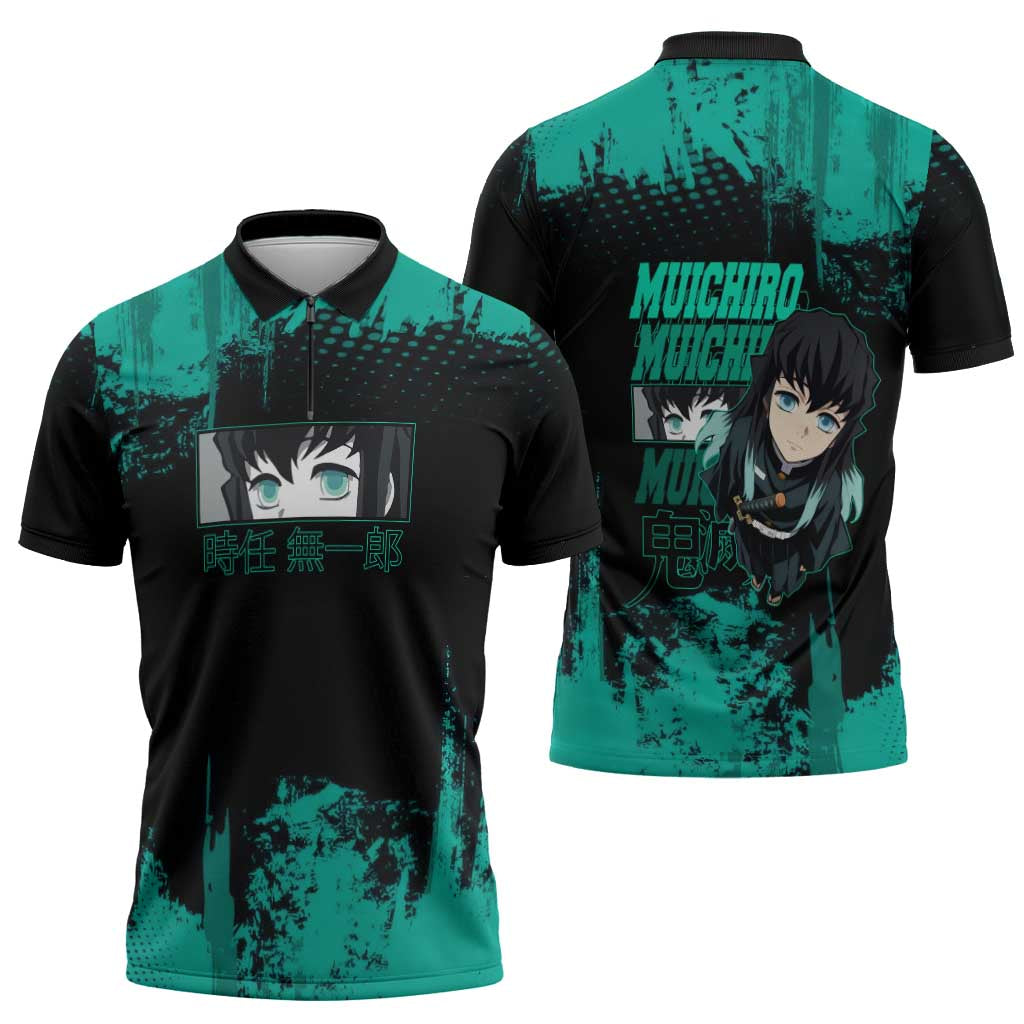 Muichiro Tokito Demon Slayer Green and Black Grunge Style Zipper Polo Shirt with Mist Hashira Eyes and Bold Typography - The Mazicc