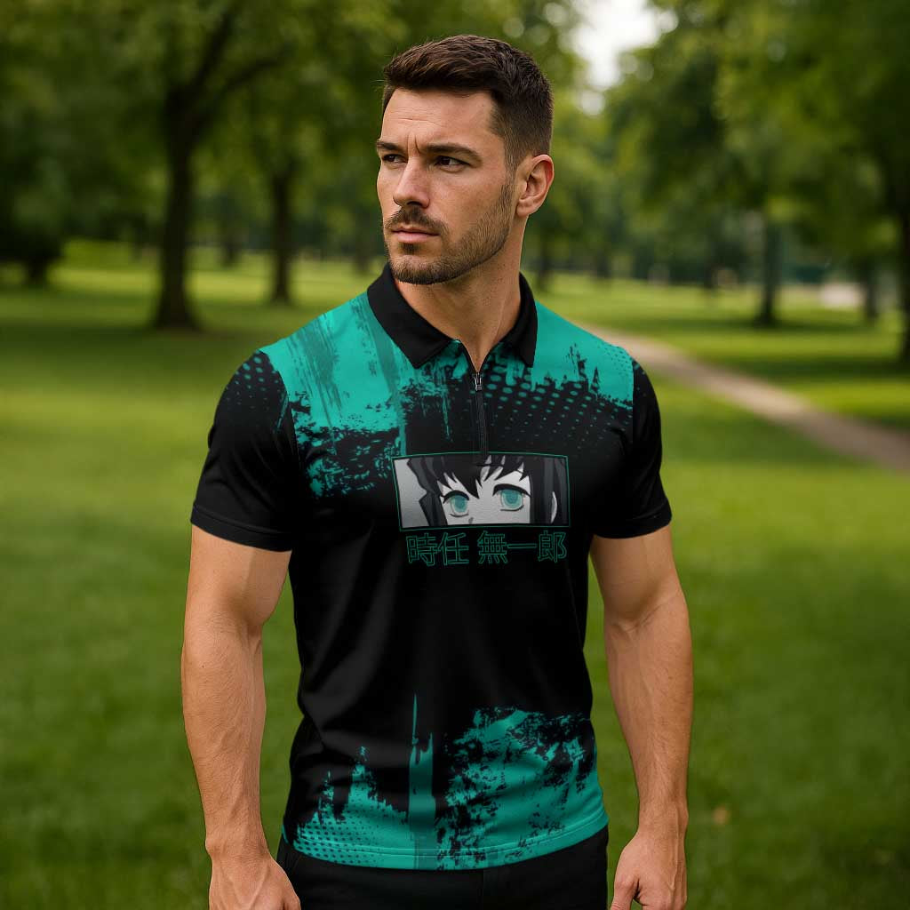 Muichiro Tokito Demon Slayer Green and Black Grunge Style Zipper Polo Shirt with Mist Hashira Eyes and Bold Typography - The Mazicc