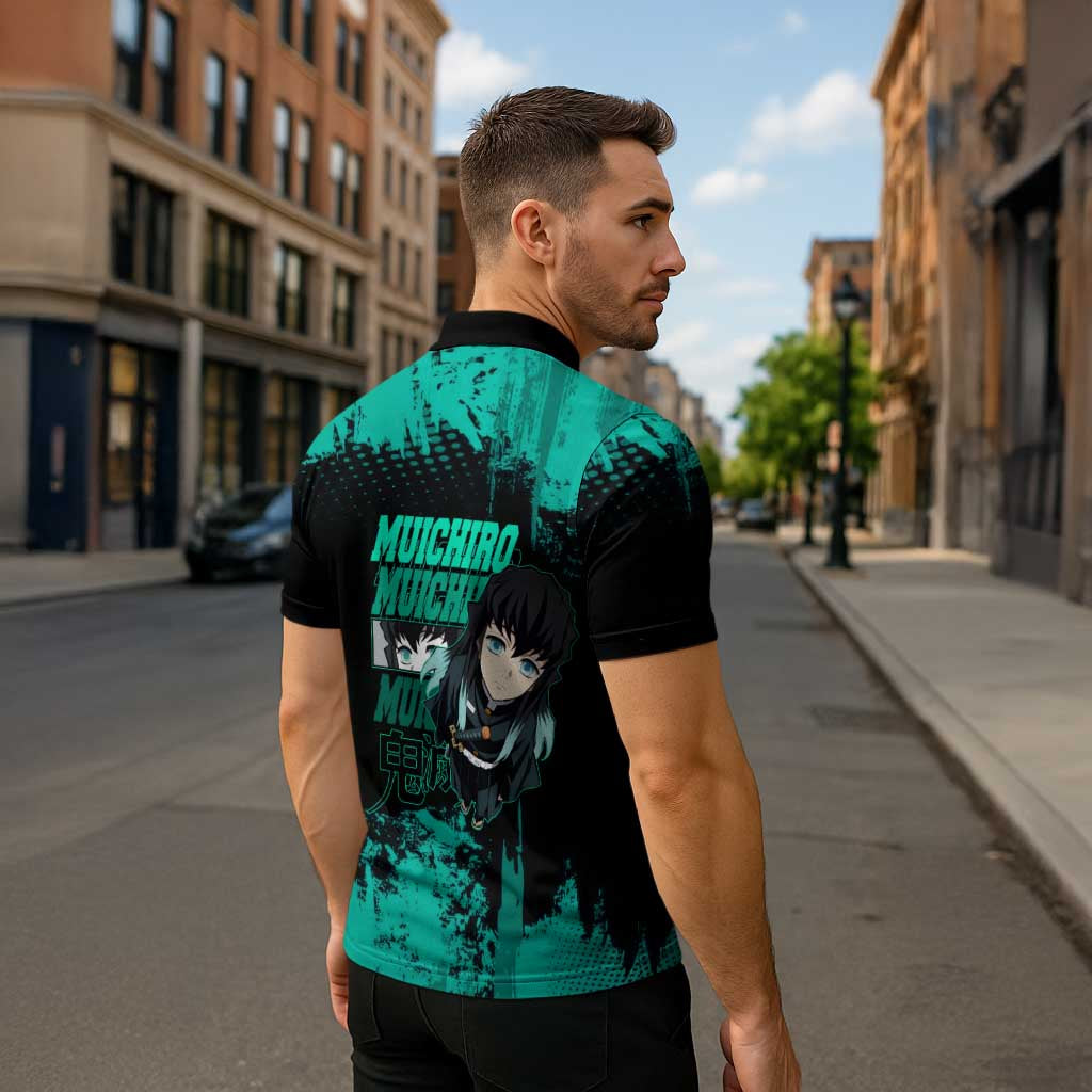 Muichiro Tokito Demon Slayer Green and Black Grunge Style Zipper Polo Shirt with Mist Hashira Eyes and Bold Typography - The Mazicc