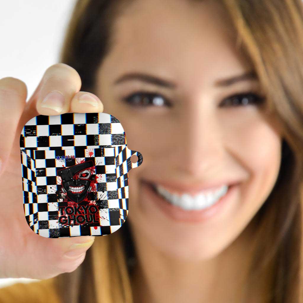 Tokyo Ghoul Kaneki Ken AirPods Case Glitchcore Anime Style with Dark Checker Pattern