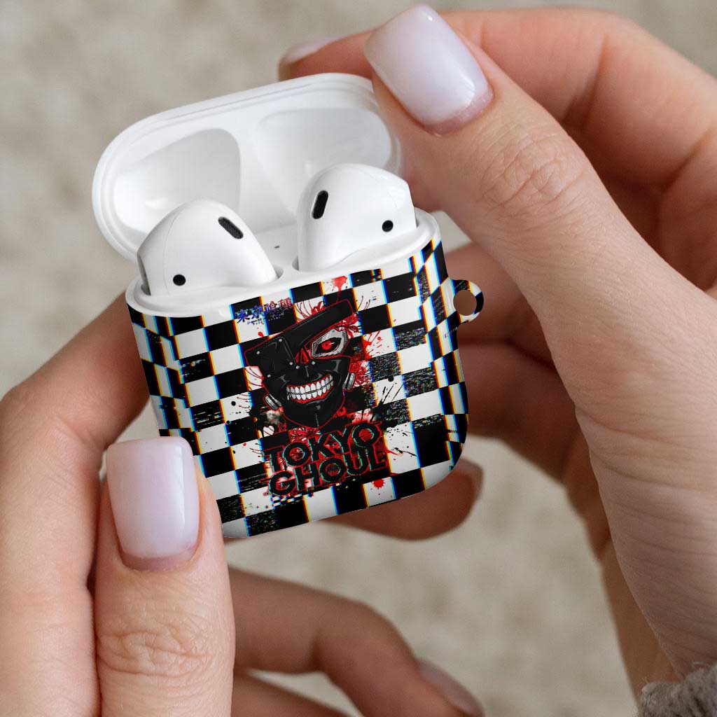 Tokyo Ghoul Kaneki Ken AirPods Case Glitchcore Anime Style with Dark Checker Pattern