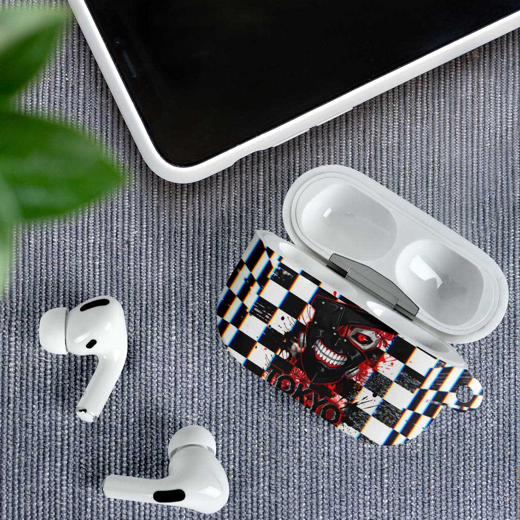 Tokyo Ghoul Kaneki Ken AirPods Case Glitchcore Anime Style with Dark Checker Pattern
