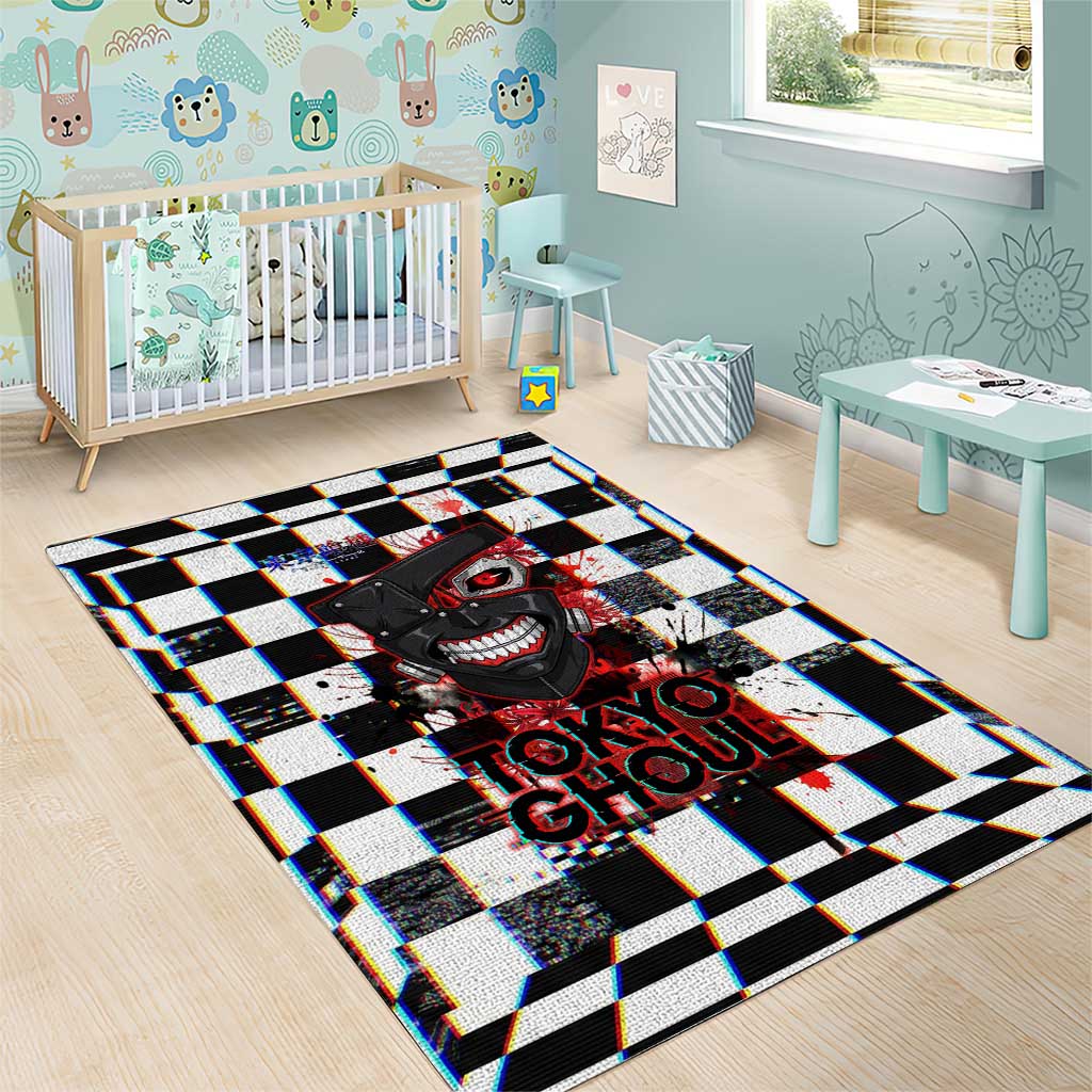 Tokyo Ghoul Kaneki Ken Area Rug Glitchcore Anime Style with Dark Checker Pattern