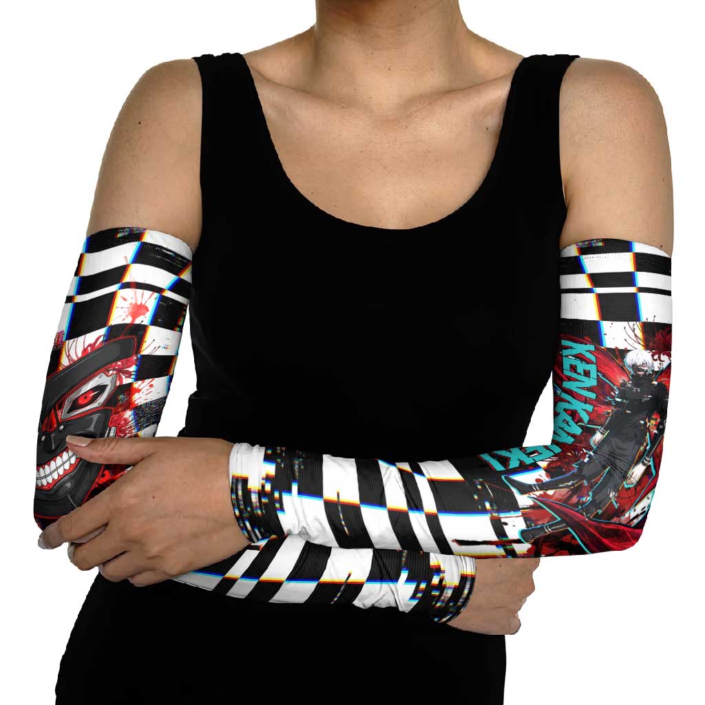 Tokyo Ghoul Kaneki Ken Arm Sleeves Glitchcore Anime Style with Dark Checker Pattern