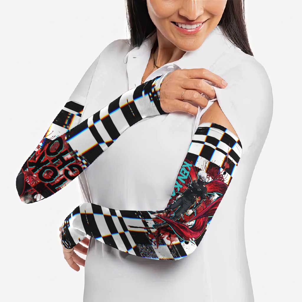 Tokyo Ghoul Kaneki Ken Arm Sleeves Glitchcore Anime Style with Dark Checker Pattern