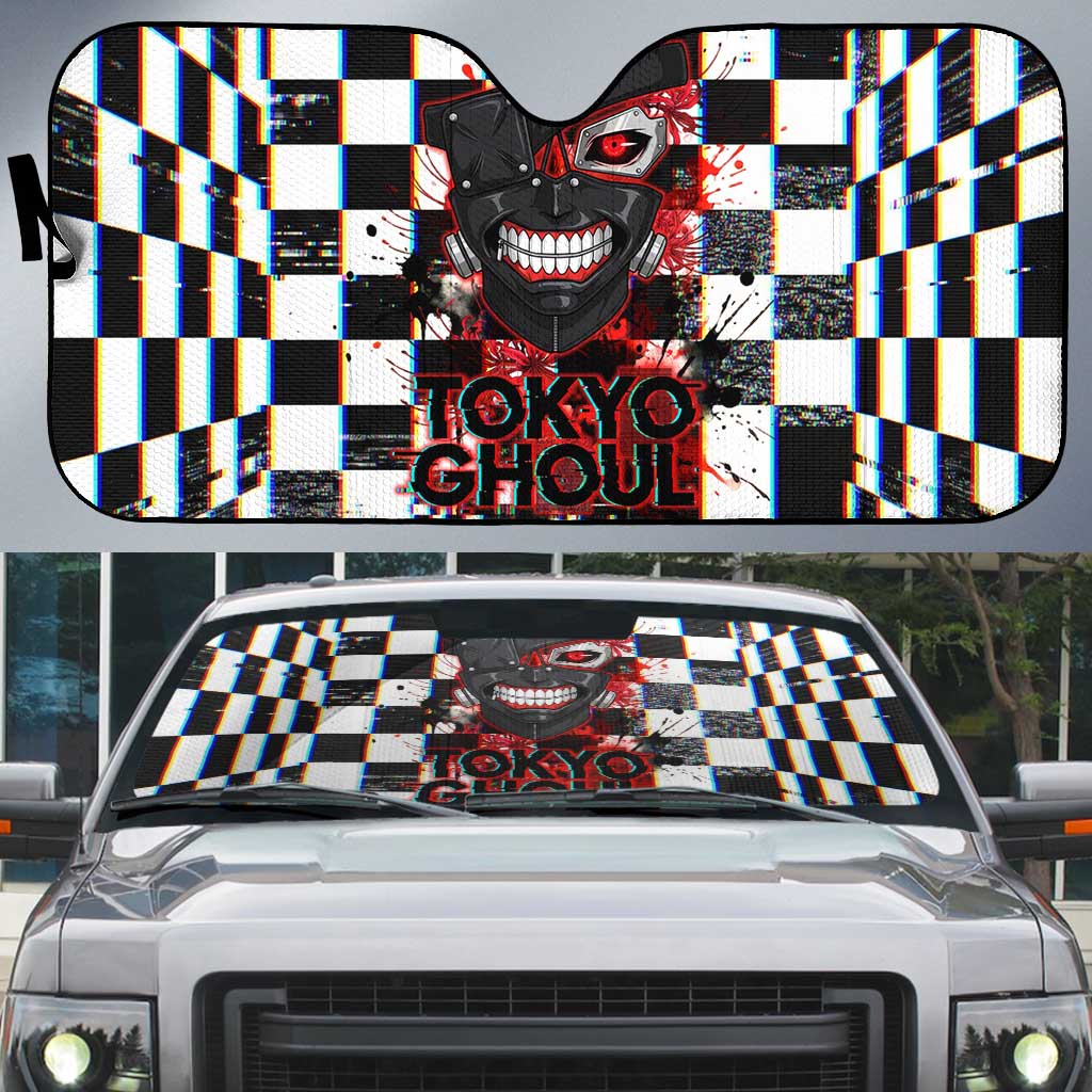 Tokyo Ghoul Kaneki Ken Auto Sun Shade Glitchcore Anime Style with Dark Checker Pattern