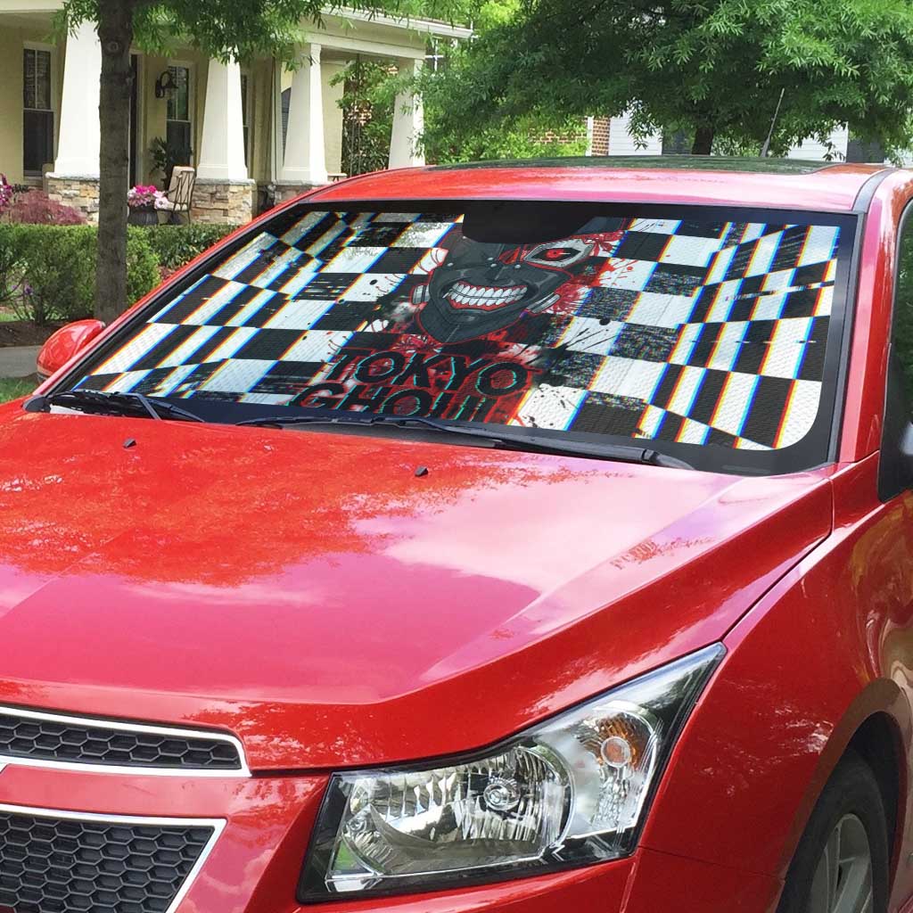 Tokyo Ghoul Kaneki Ken Auto Sun Shade Glitchcore Anime Style with Dark Checker Pattern