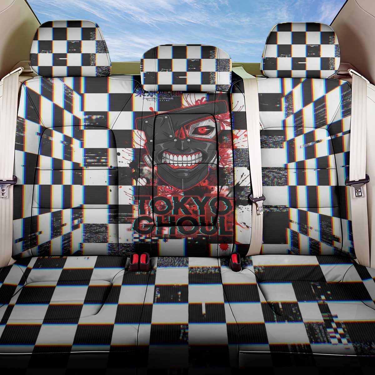 Tokyo Ghoul Kaneki Ken Back Car Seat Cover Glitchcore Anime Style with Dark Checker Pattern