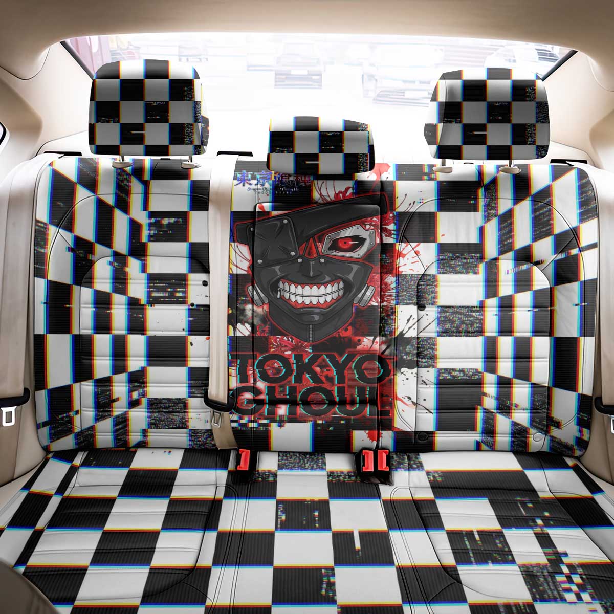 Tokyo Ghoul Kaneki Ken Back Car Seat Cover Glitchcore Anime Style with Dark Checker Pattern