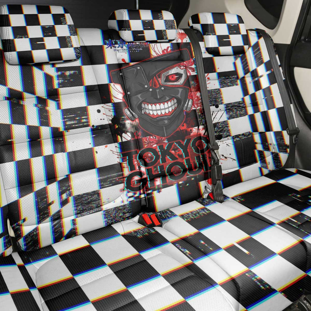 Tokyo Ghoul Kaneki Ken Back Car Seat Cover Glitchcore Anime Style with Dark Checker Pattern