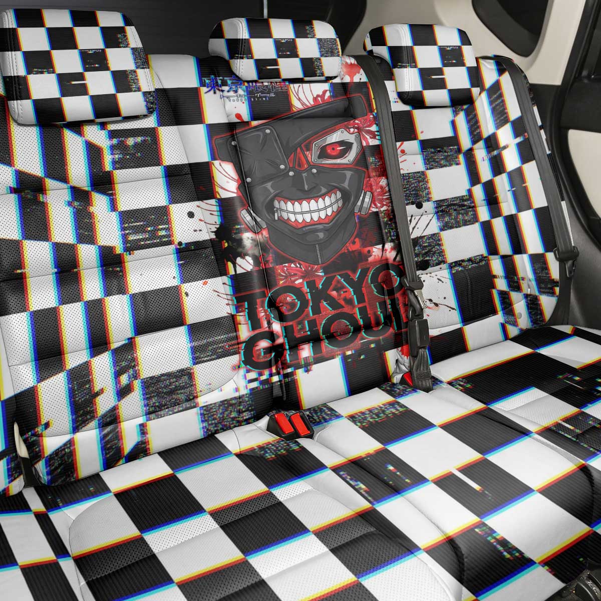 Tokyo Ghoul Kaneki Ken Back Car Seat Cover Glitchcore Anime Style with Dark Checker Pattern
