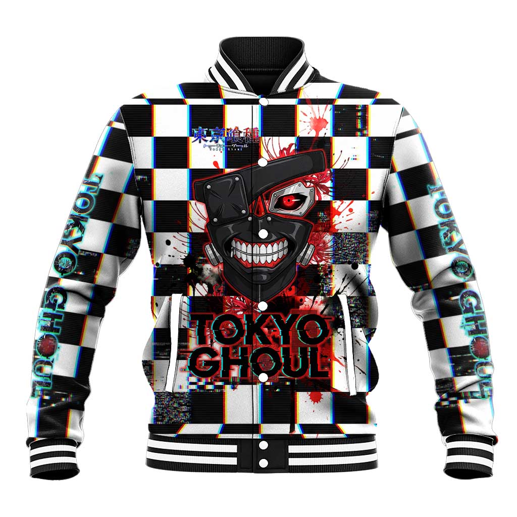 Tokyo Ghoul Kaneki Ken Baseball Jacket Glitchcore Anime Style with Dark Checker Pattern