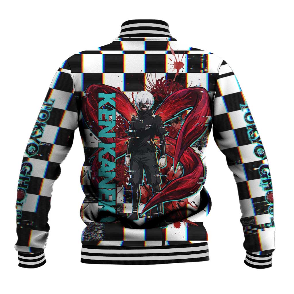 Tokyo Ghoul Kaneki Ken Baseball Jacket Glitchcore Anime Style with Dark Checker Pattern